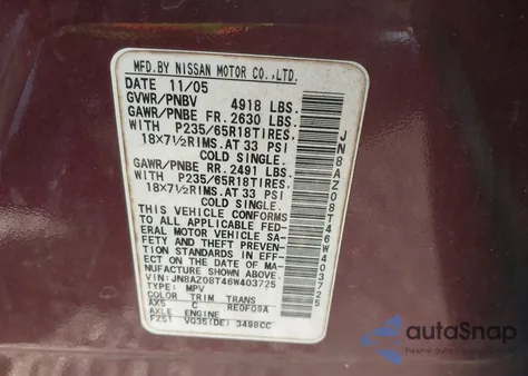 2006 Nissan Murano Sl from USA, damaged, VIN JN8AZ08T46W403725